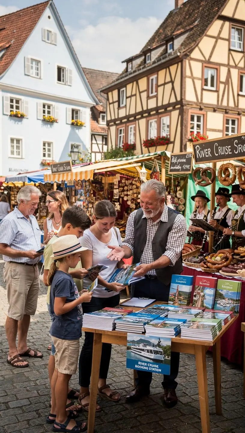 Flusskreuzfahrtschiff auf dem Rhein mit Passagieren, die an einem Koordinationszentrum für Offline-Buchungen vorbeigehen.